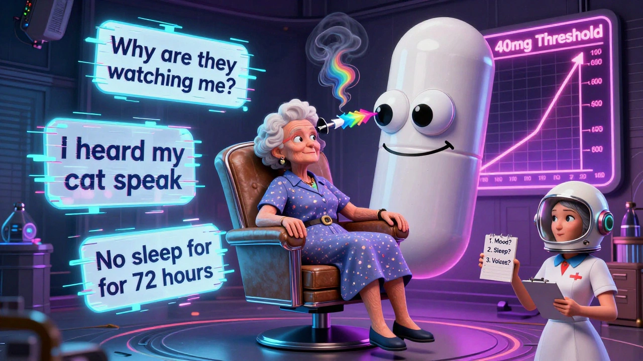 An elderly woman surrounded by floating paranoid thoughts, with a smiling steroid pill injecting vapor.