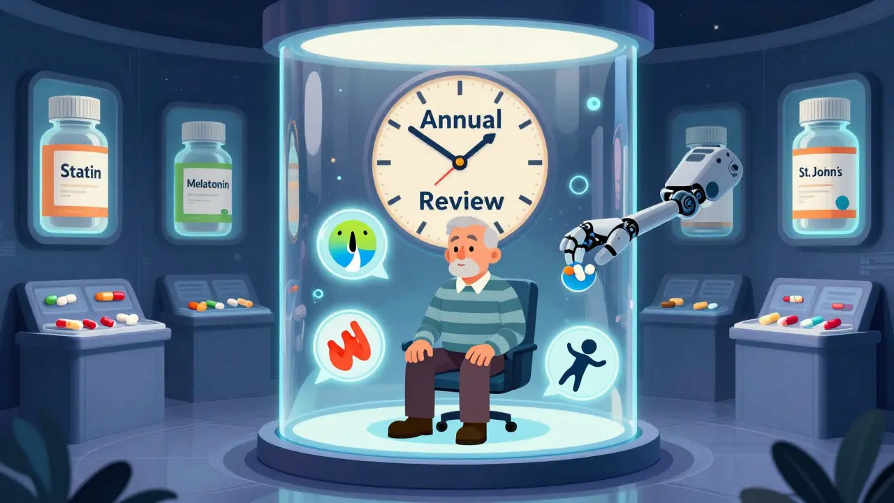 An older man in a glowing consultation booth is surrounded by animated icons of side effects, while robotic arms sort his pills.