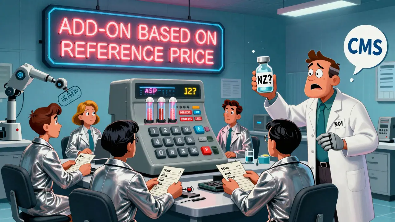 Billing clerks in metallic coats sorting punch cards with biosimilar codes under a neon ASP sign.