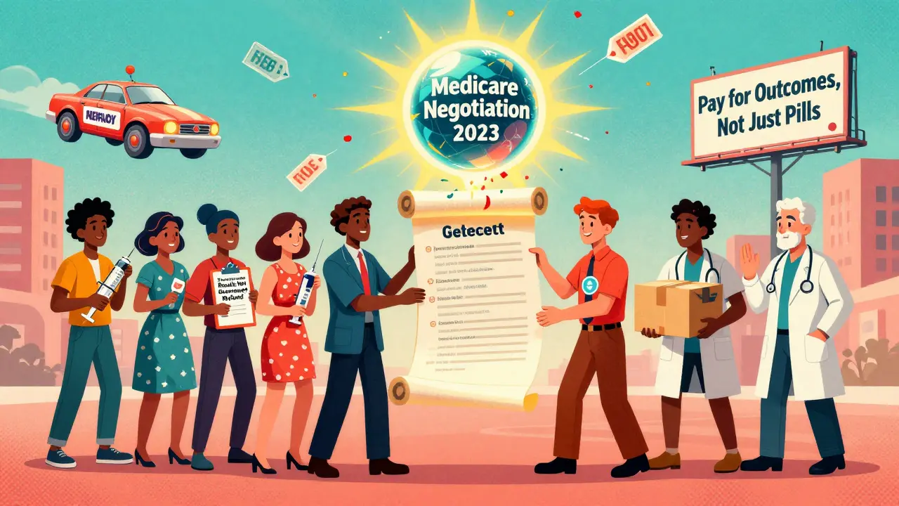 Diverse group passes glowing value-based contract scroll, floating Medicare orb melting price tags into confetti