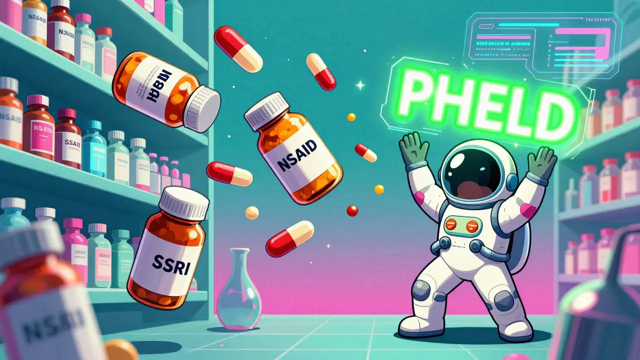 Floating SSRI and NSAID pills colliding in mid-air as a tiny figure holds up a glowing PPI shield.