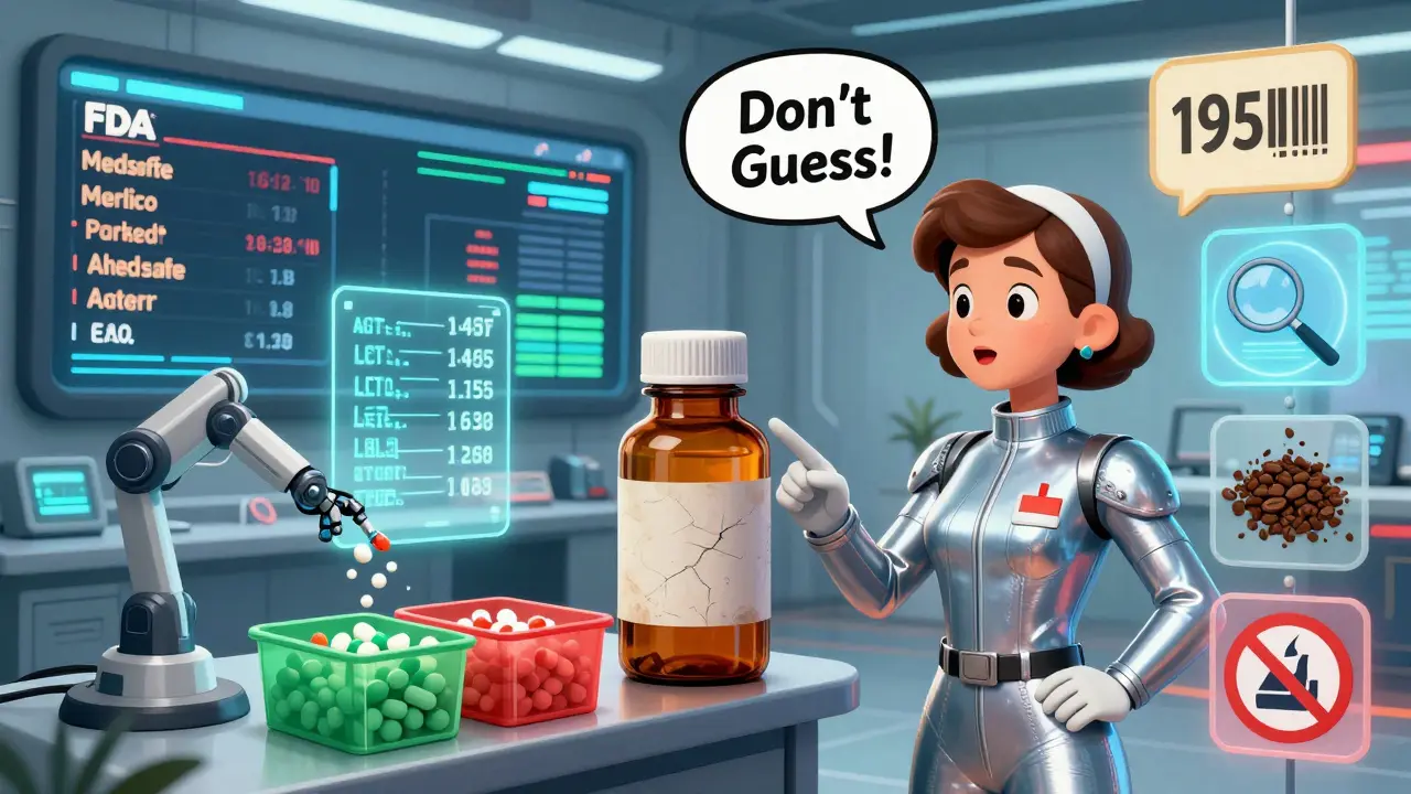 Futuristic pharmacy control room with holographic lot numbers and AI assistant warning 'Don't Guess!'