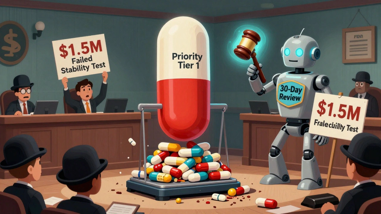 Giant U.S. generic pill winning a scale battle against crumbling imported pills, FDA robot holding gavel