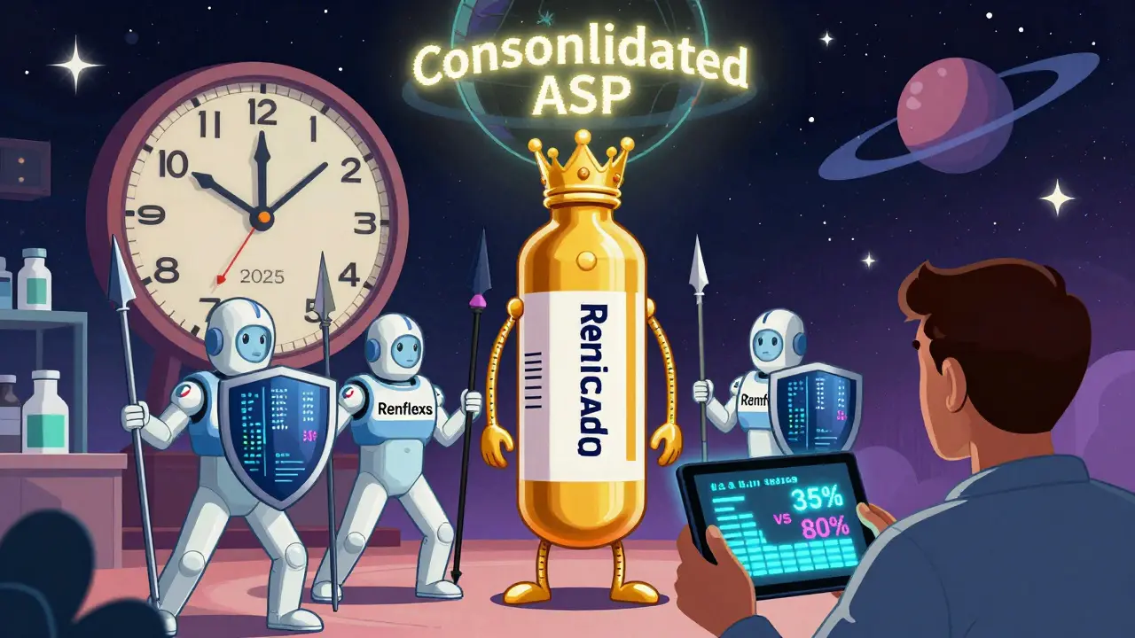 Golden reference drug battles smaller biosimilars as a 'Consolidated ASP' orb descends in cosmic pharmacy.