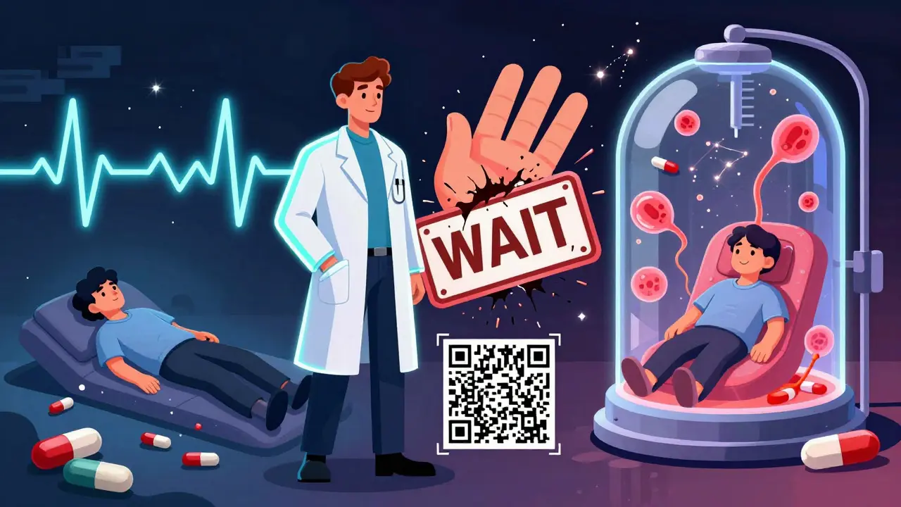 Hematologist between two timelines: one showing collapse, the other recovery, with a smashed 'WAIT' sign.