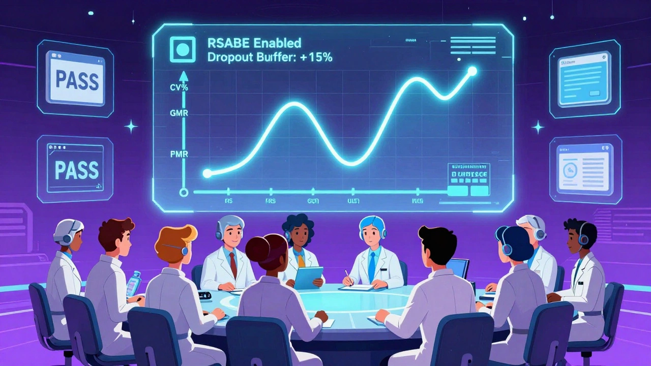 Holographic bioequivalence dashboard with sliders and drug curve, operated by a futuristic team.
