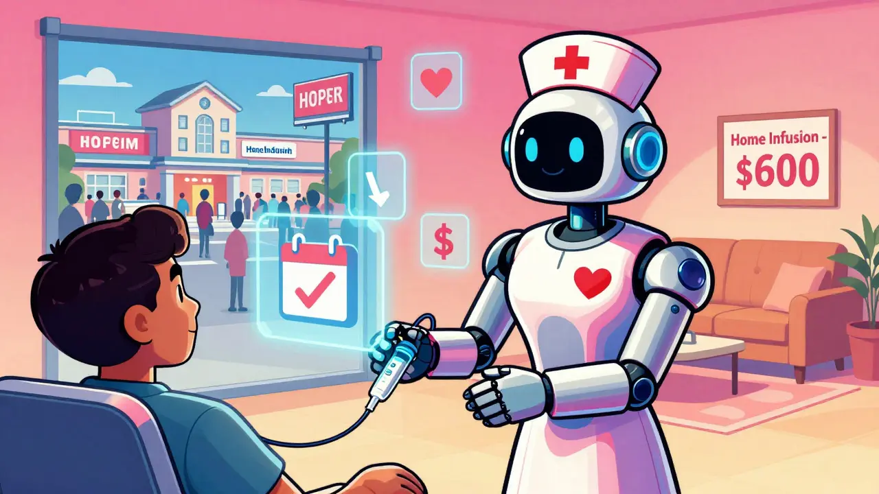 Home injection by friendly nurse robot with holographic cost-saving icons, contrasting hospital and home scenes