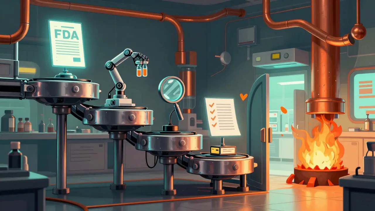 Mechanical conveyor belt showing the five stages of FDA drug inspection with animated icons.