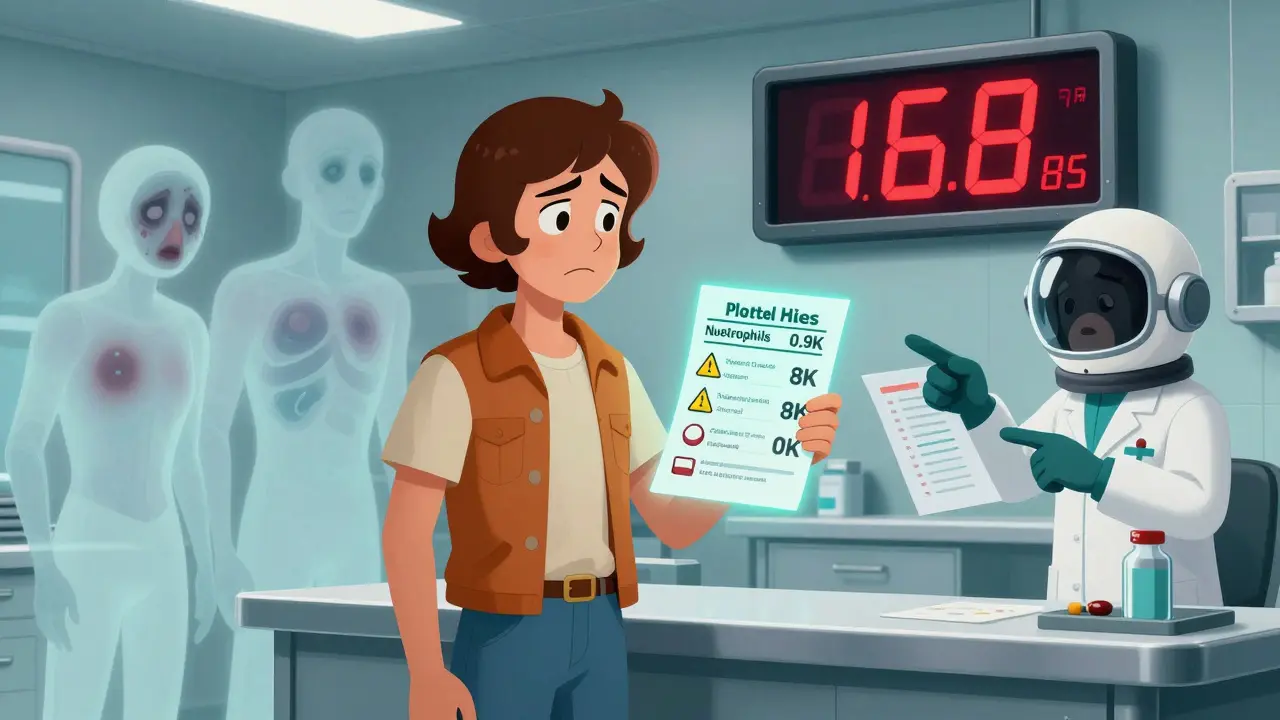 Patient holding a critical blood test in a futuristic clinic, with ghostly symptoms looming and a countdown clock.