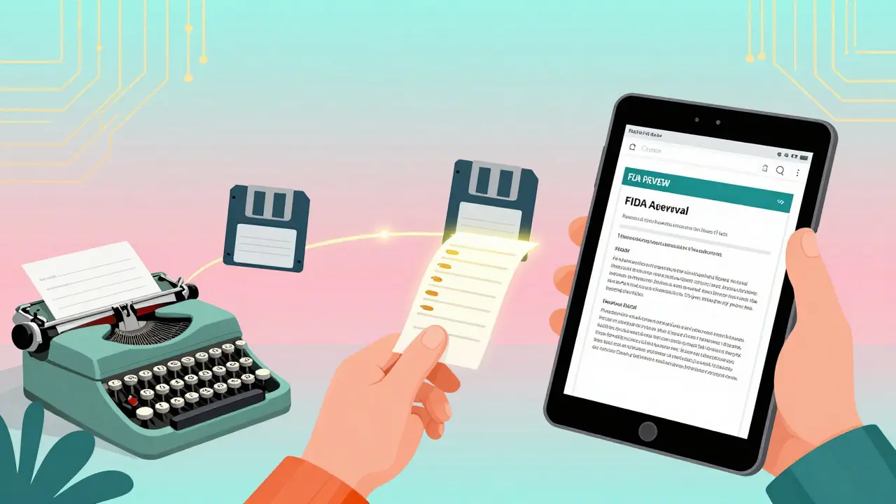Patient holding a prescription that unfolds into a timeline of FDA drug approvals since 1939.