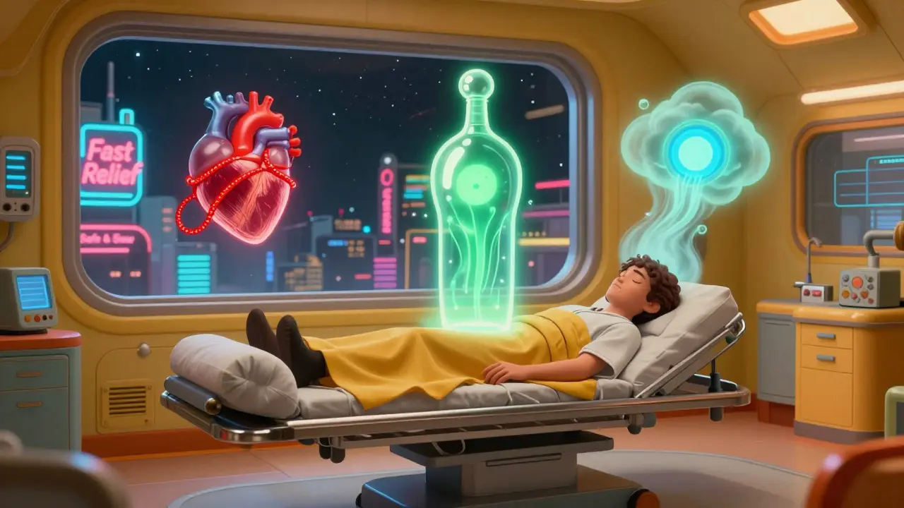 Patient on a floating bed in a space clinic, surrounded by symbolic representations of triptan, gepant, and ditan effects, with glowing neon city outside.