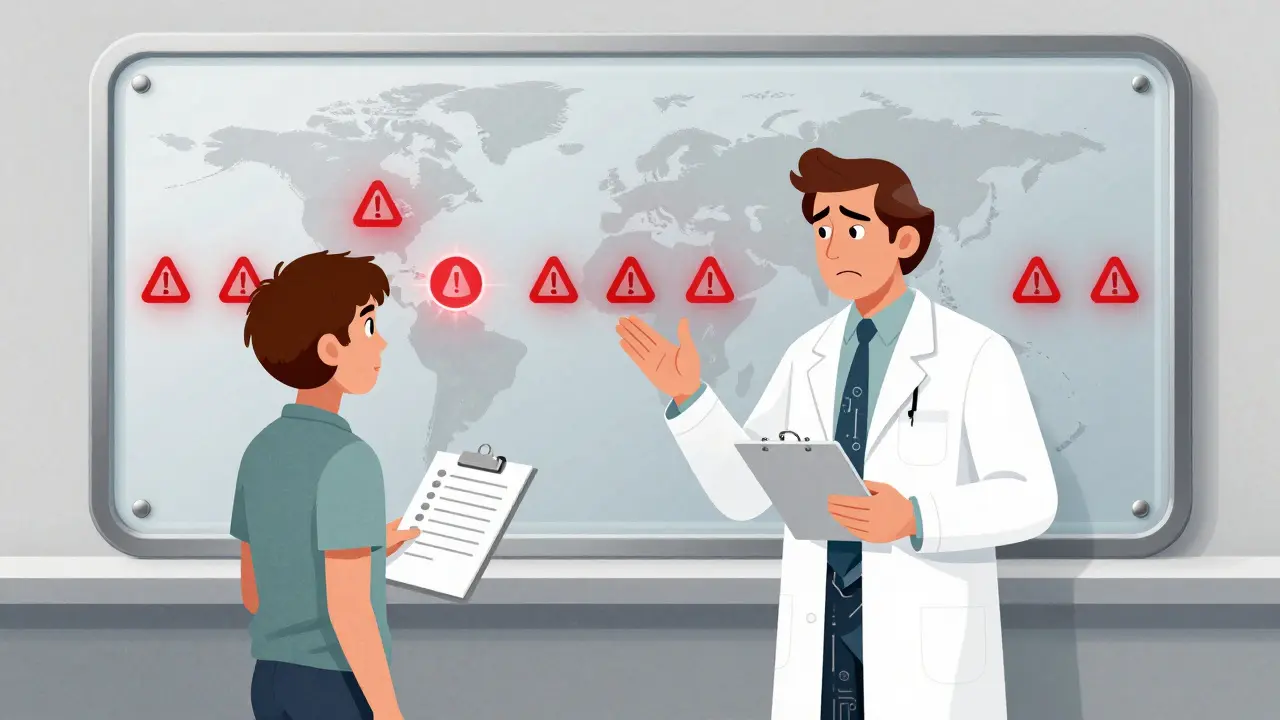 Patient standing firm against a dismissive doctor, with a global map of warning icons behind them.