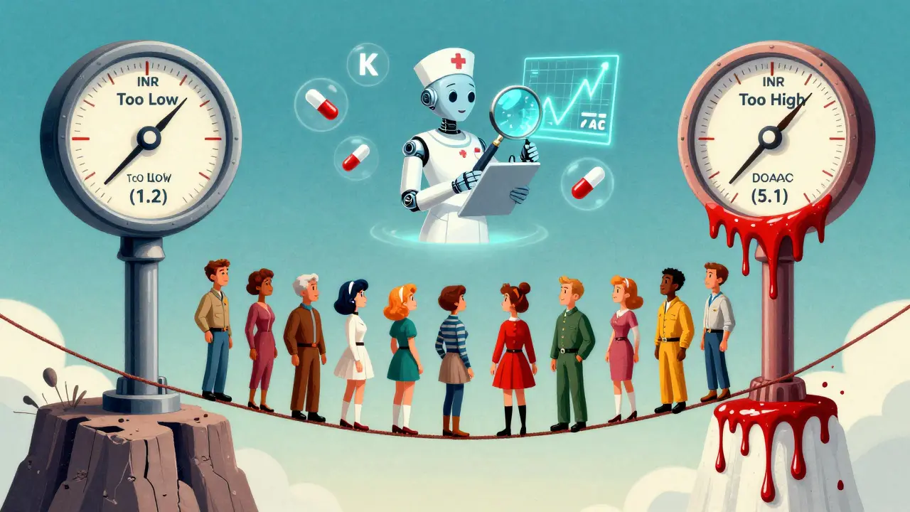 Patients balancing on a tightrope between dangerous high and low INR levels, watched by a robotic nurse.