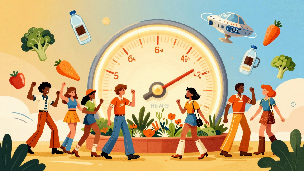 People dancing and gardening under a dropping HbA1c gauge, with vegetables floating in a 1970s sci-fi style scene.