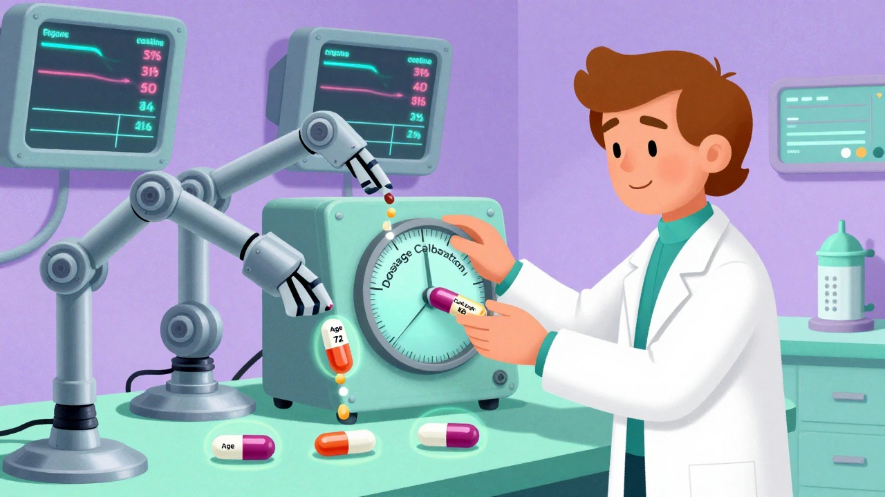 Pharmacist adjusting a dosage dial with robotic arms preparing personalized capsules for an older adult.