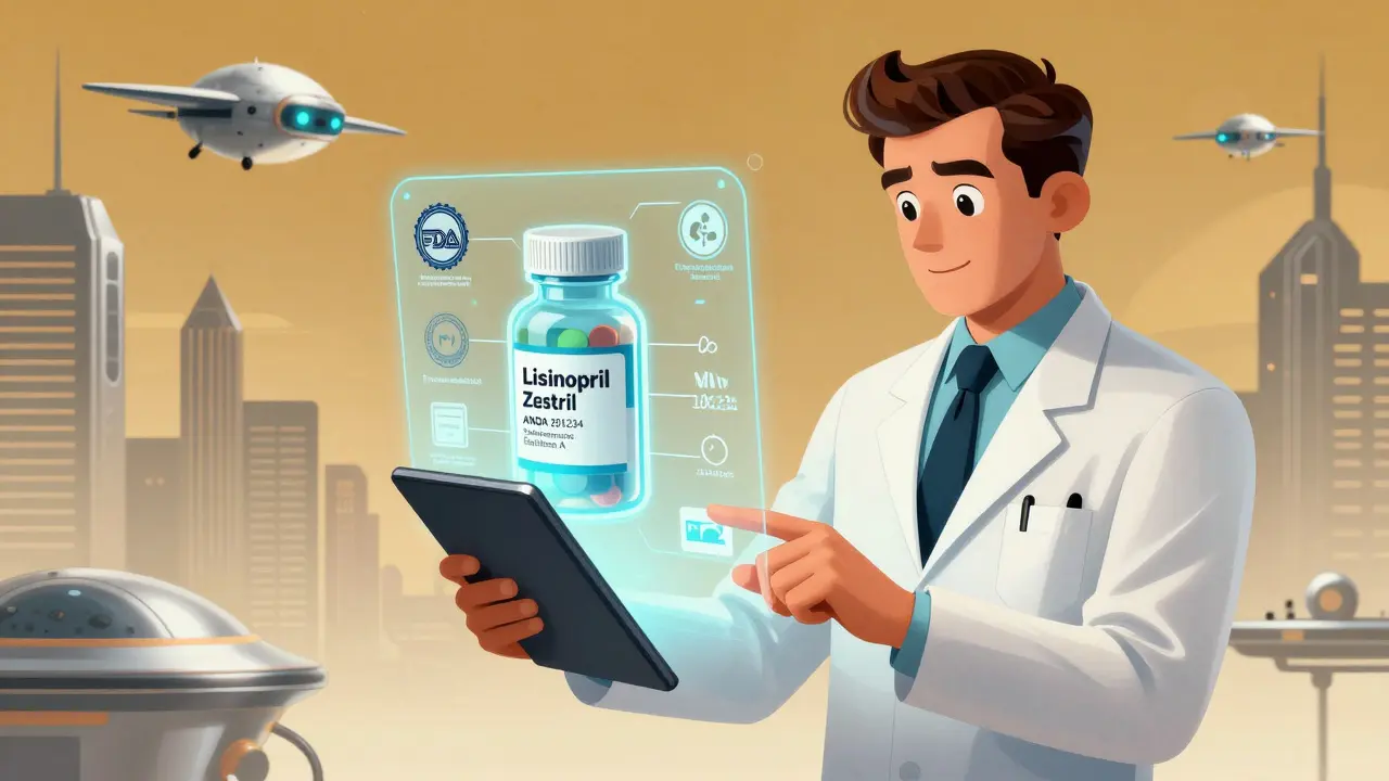 Pharmacist viewing a holographic drug profile with approval details and therapeutic codes.