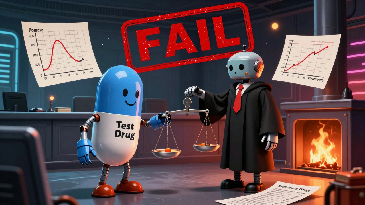 Regulatory courtroom with pill robots and a failing scale under a giant &#039;FAIL&#039; stamp.