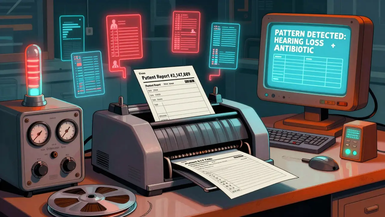 Retro-futuristic FDA lab with mechanical report sorter and glowing safety alert on monitor.