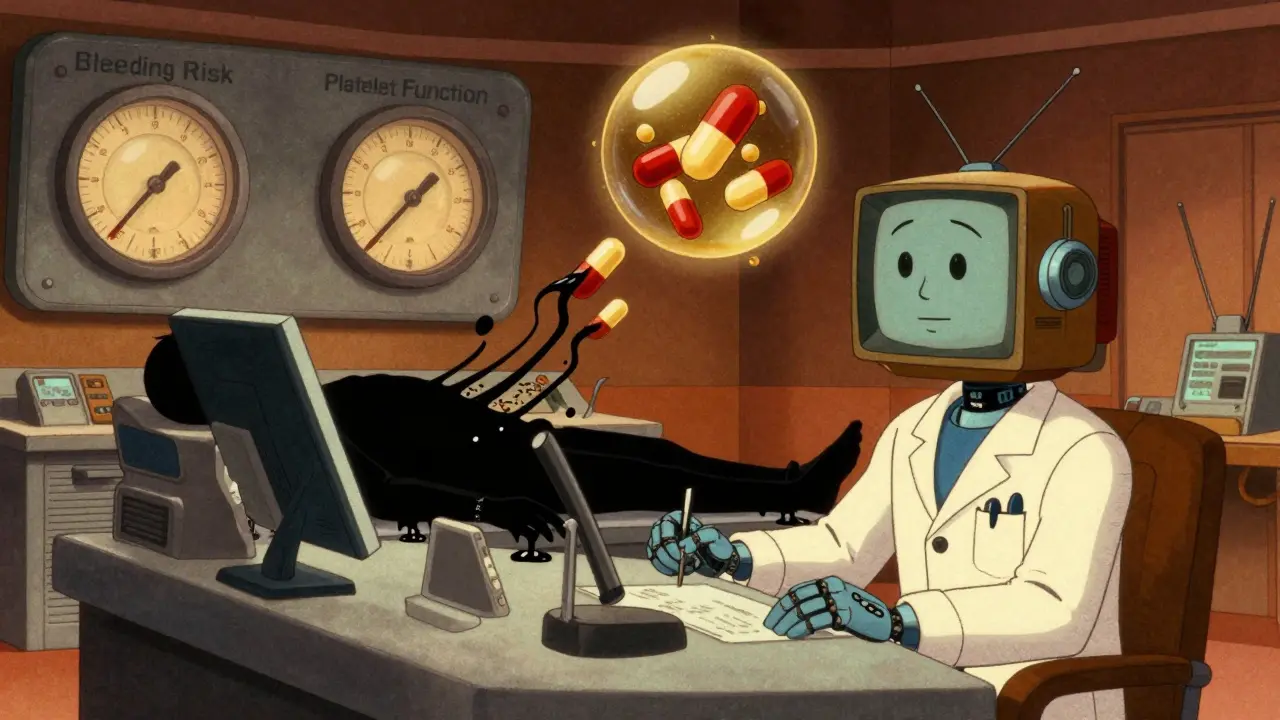 Retro-futuristic medical control room with dials showing bleeding risk, patient dissolving into black streams.