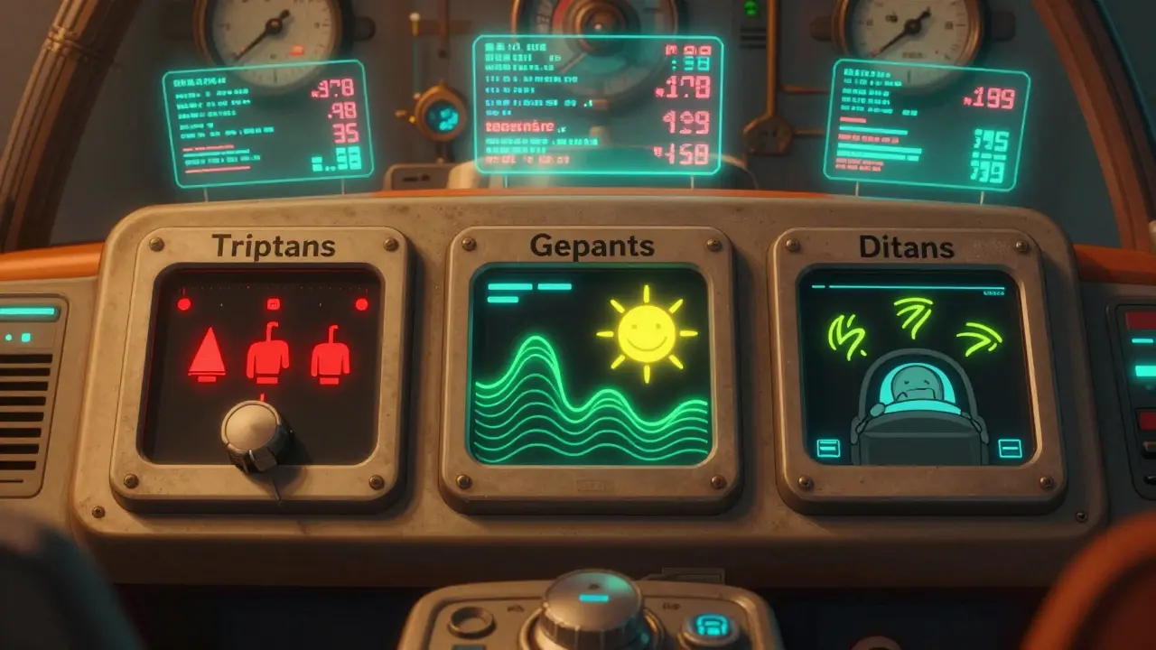 Retro-futuristic medical dashboard with three control panels showing side effects of migraine drugs, glowing in neon colors against a spaceship cockpit background.