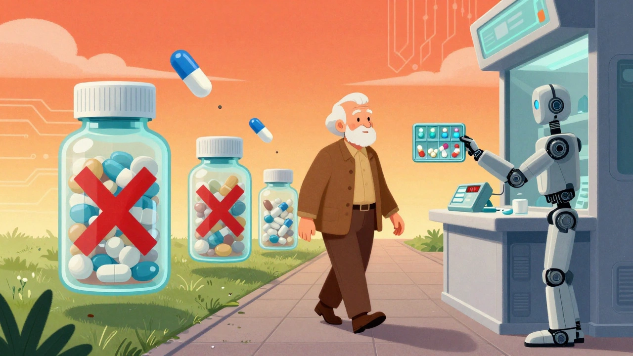 Senior walking past floating warning labels on dangerous pills, guided by safe alternatives and a smart pill organizer.