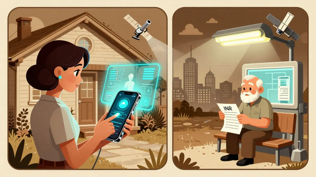 Side-by-side scene: modern home INR testing vs. rural clinic wait, with satellite linking both worlds.