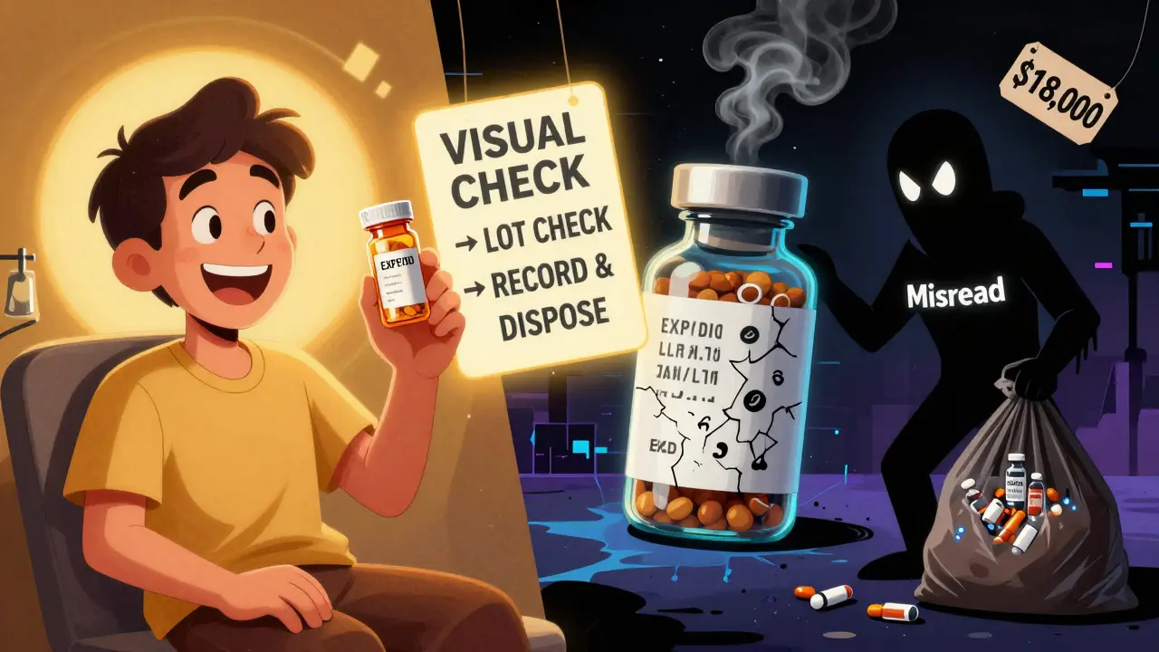 Split scene: safe medicine in warm light vs. recalled pills in dark void with ,000 price tag.