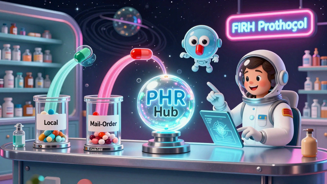 Three pharmacy dispensers feed pills into a central PHR hub, with a space-suited pharmacist and AI assistant correcting a missing supplement.