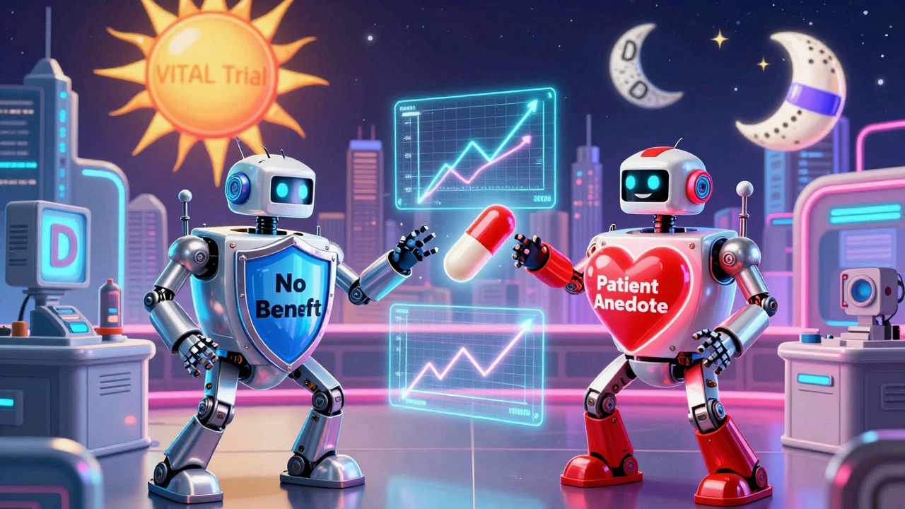 Two robots battle over a vitamin D capsule and statin tablet in a glowing lab.