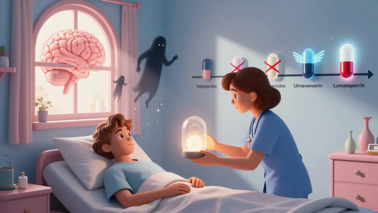 A caregiver adding a nightlight as hallucinations fade, with a timeline of safe vs. unsafe Parkinson’s medications in retro-futuristic style.