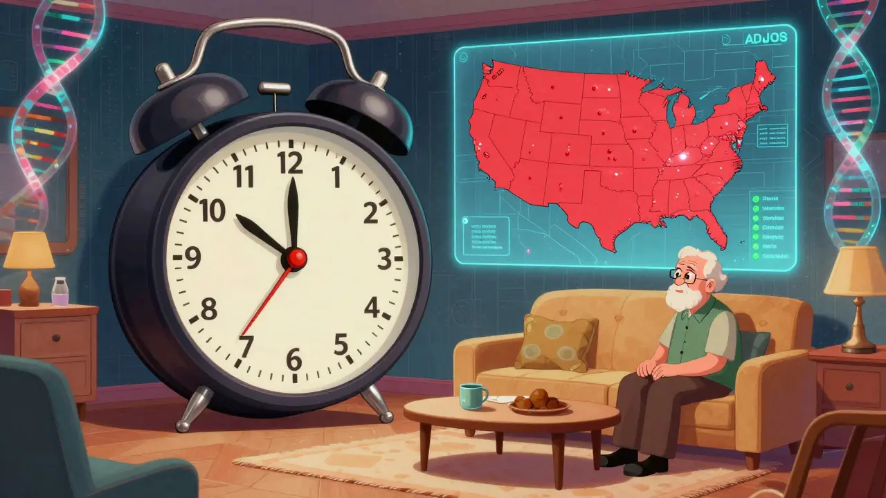 A caregiver uses a giant analog alarm clock to remind a senior to take antibiotics, with a holographic map showing safe disposal sites.