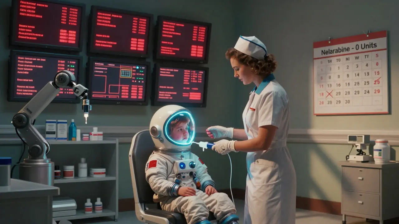 A child receives a reduced cancer dose while digital screens flash drug shortages in a futuristic ward.