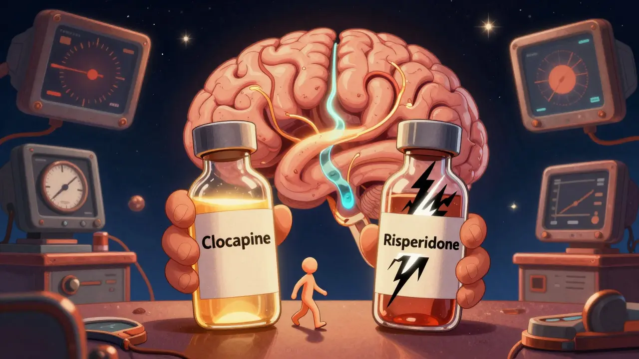 A doctor comparing two vials — one safe, one dangerous — with a glowing brain and dopamine pathways in a 1970s-style medical lab.