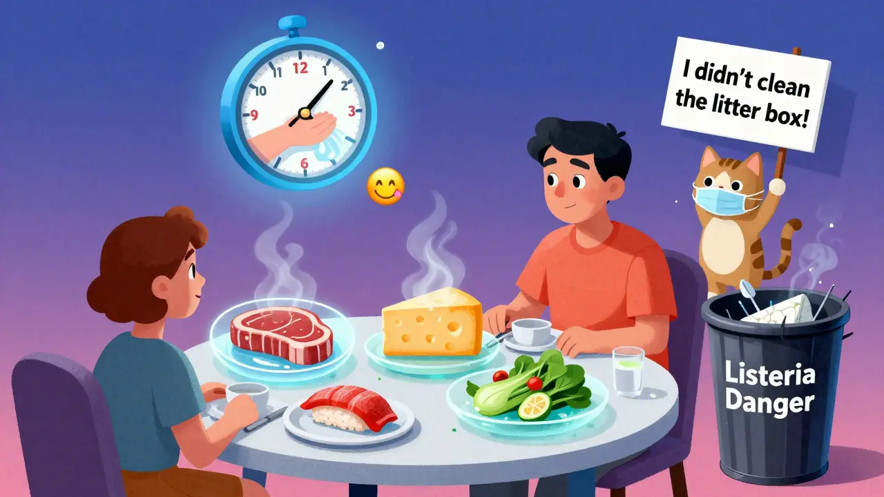 A family eats safe, glowing foods while dangerous raw foods are discarded, with a handwashing clock and masked cat in the background.