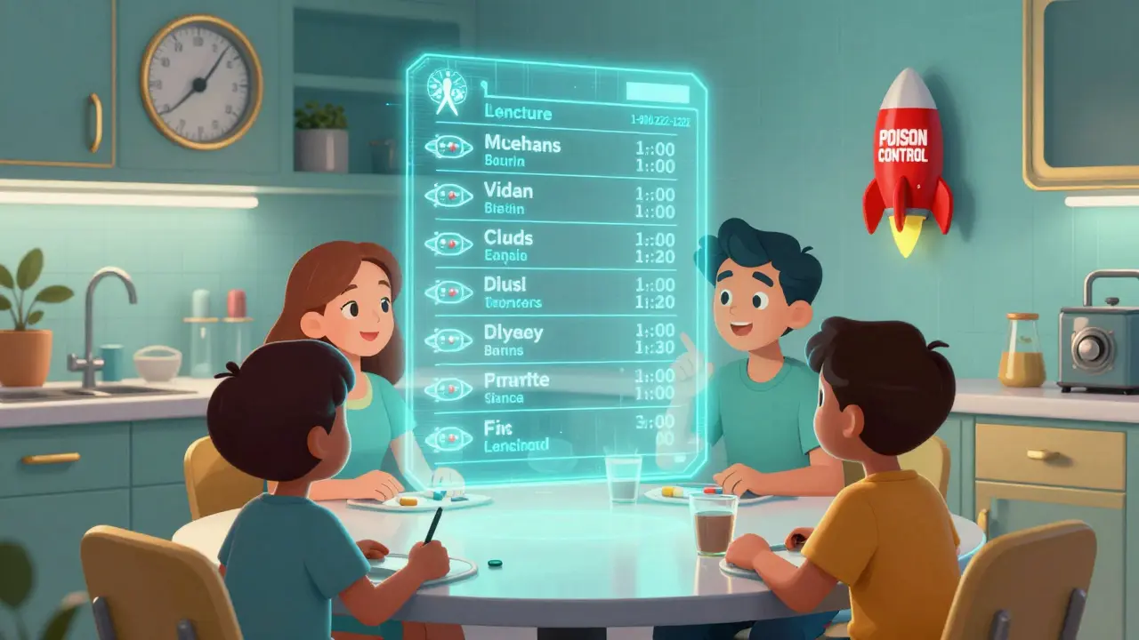 A family views a holographic medication schedule as a retro rocket phone dials poison control in a glowing kitchen.