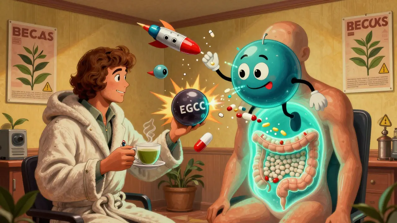A giant EGCG molecule blocks medicine pills from entering a human body, with caffeine atoms colliding nearby.