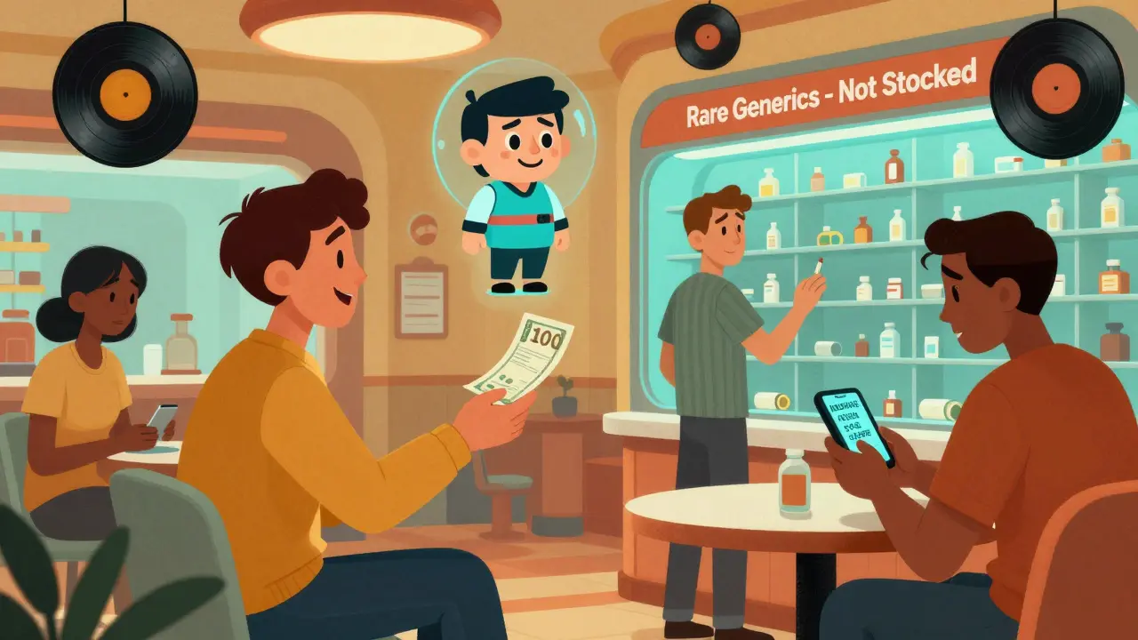 A group of people in a futuristic pharmacy lounge, one happy with savings, another frustrated by unavailable meds, and a third checking a device.