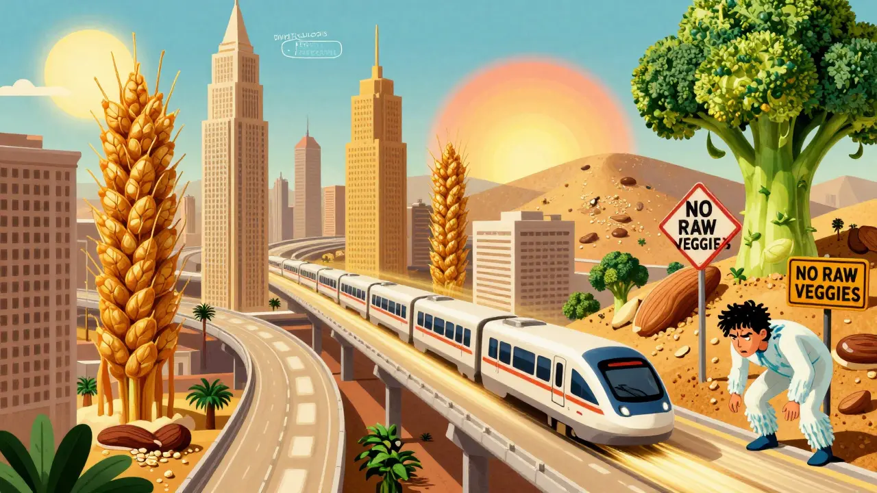 A gut city with wheat bran skyscrapers and maglev trains moving waste, while a person avoids rough broccoli spikes during a flare.