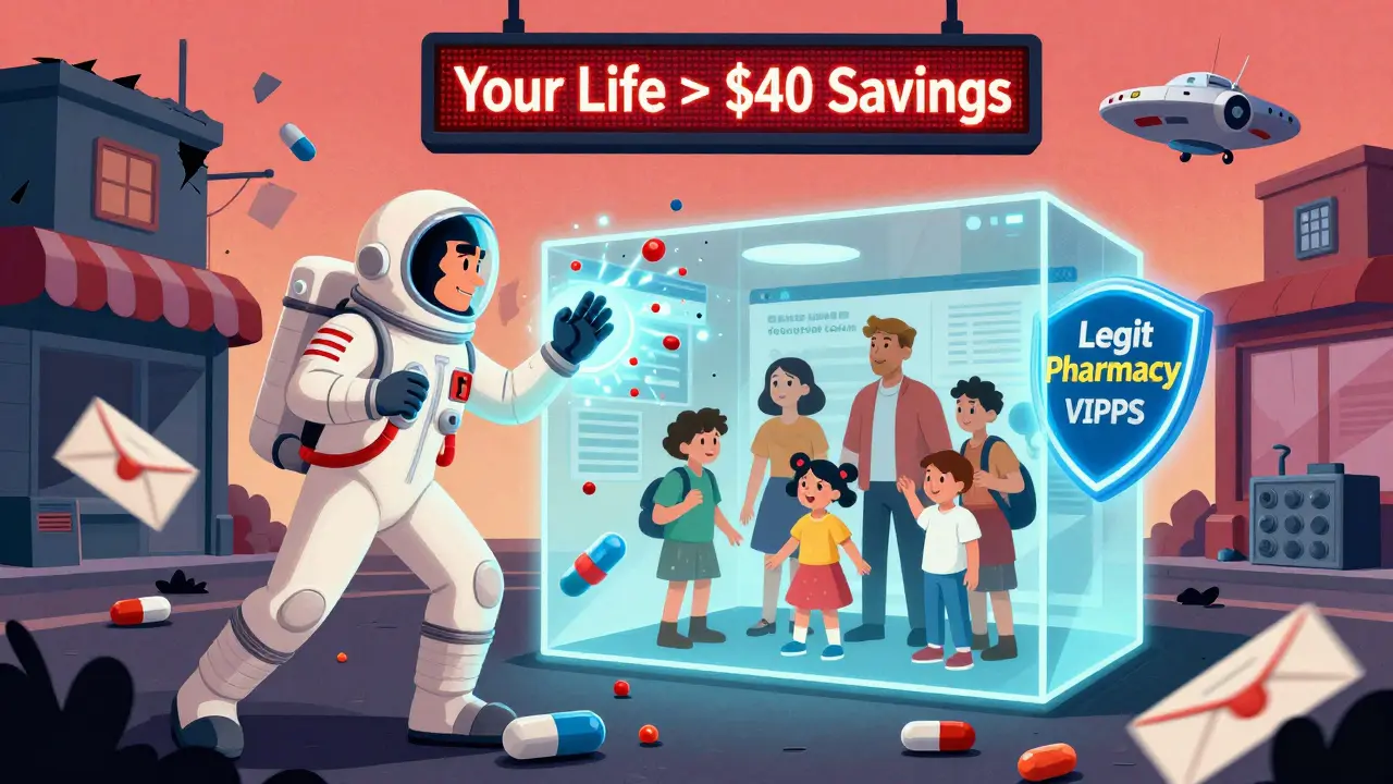 A heroic pharmacist using a VIPPS seal shield to protect a family from waves of fake medicine and online scams.