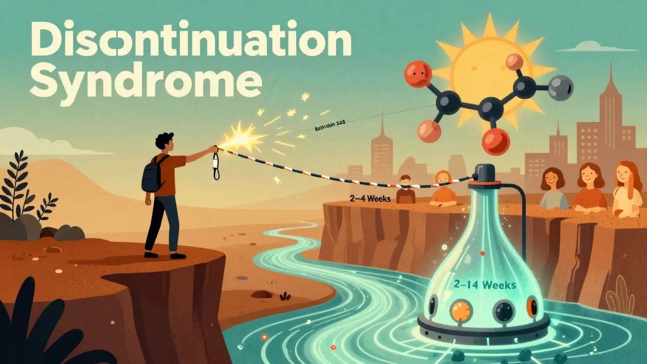 A patient reaches for a tapering rope as brain zaps fly near a cliff labeled Discontinuation Syndrome.