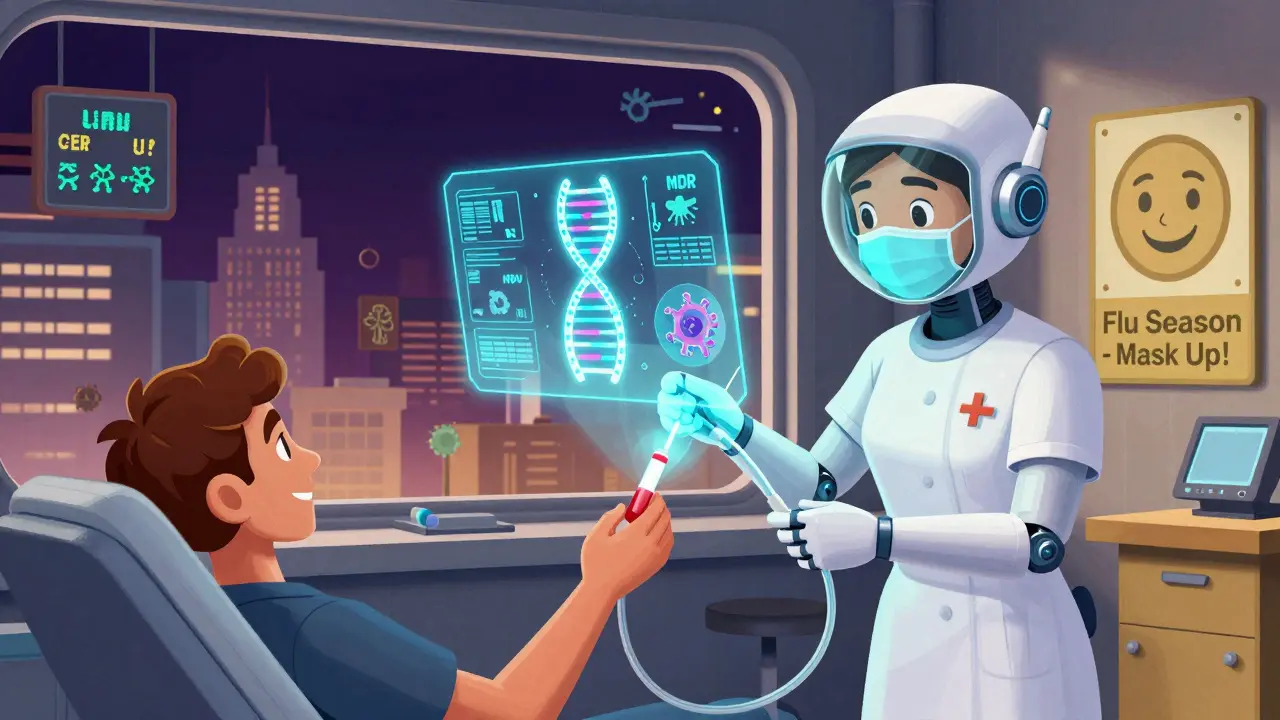 A patient receives a blood test with a holographic CMV graph, monitored by a robotic nurse in a futuristic clinic.