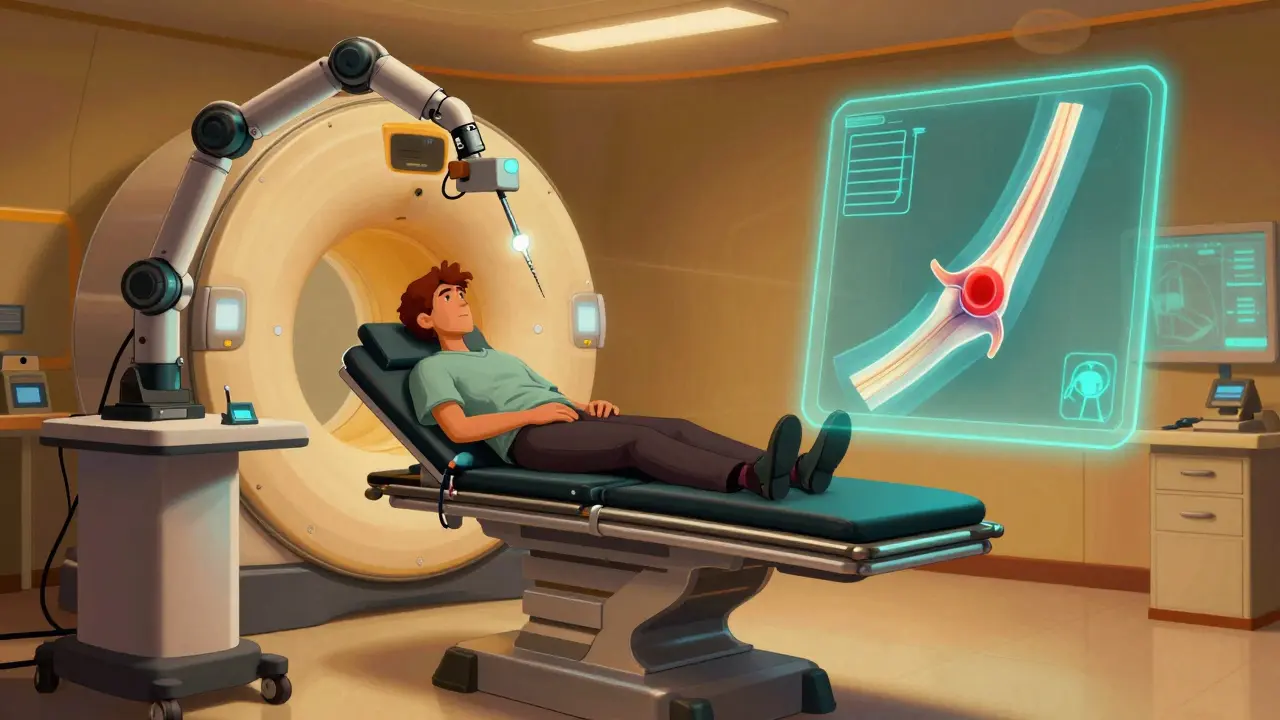 A patient receiving a holographic meniscus repair in a futuristic clinic with robotic medical tech.