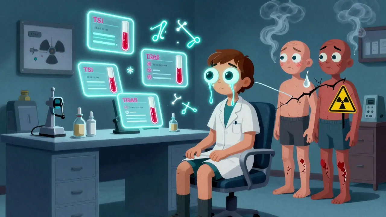 A patient with bulging eyes in a retro-futuristic doctor’s office, surrounded by glowing blood test results and a smoking figure splitting into two states.