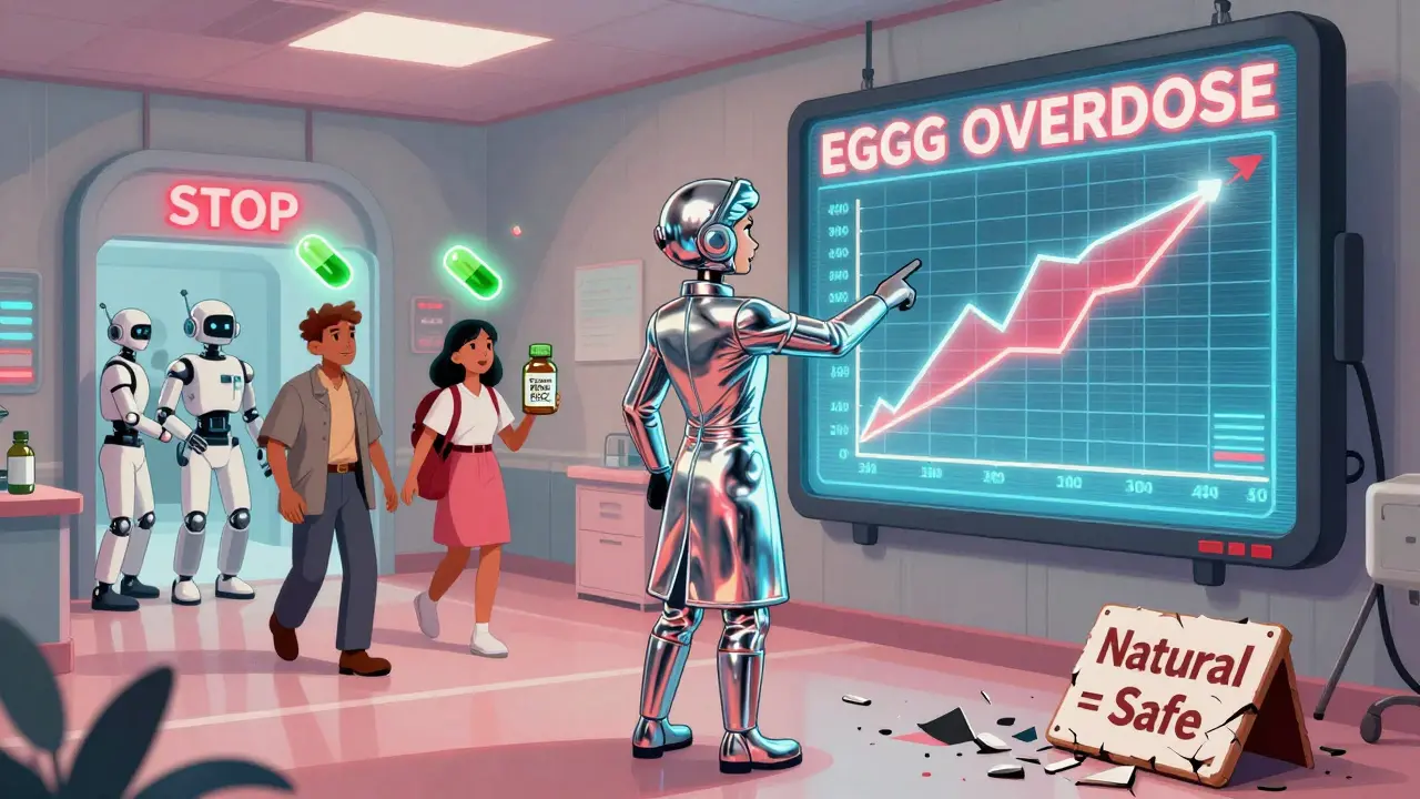 A pharmacist points at a graph of rising liver enzymes as patients with glowing tea capsules are escorted away.