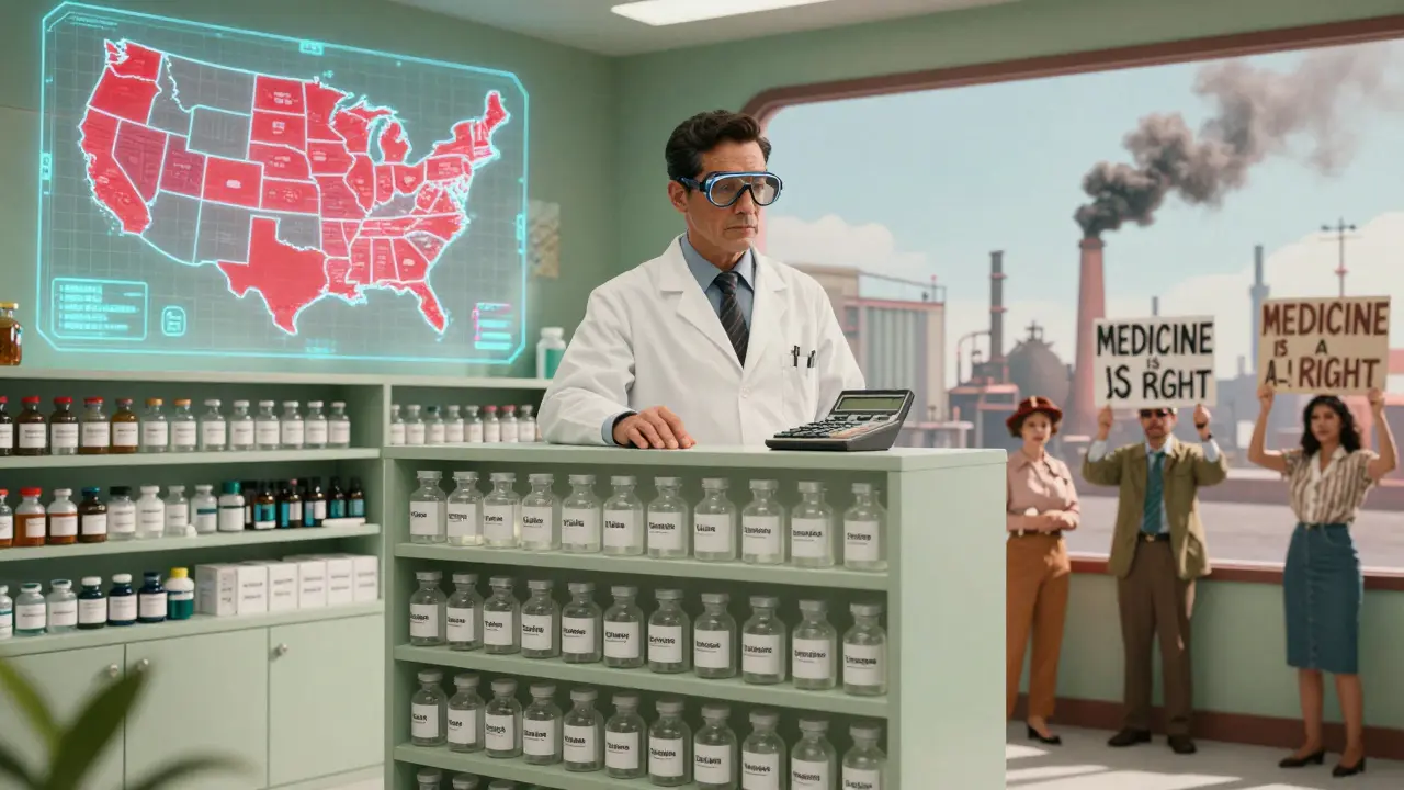 A pharmacist stands amid empty drug shelves as a hologram shows nationwide shortages and protest signs.