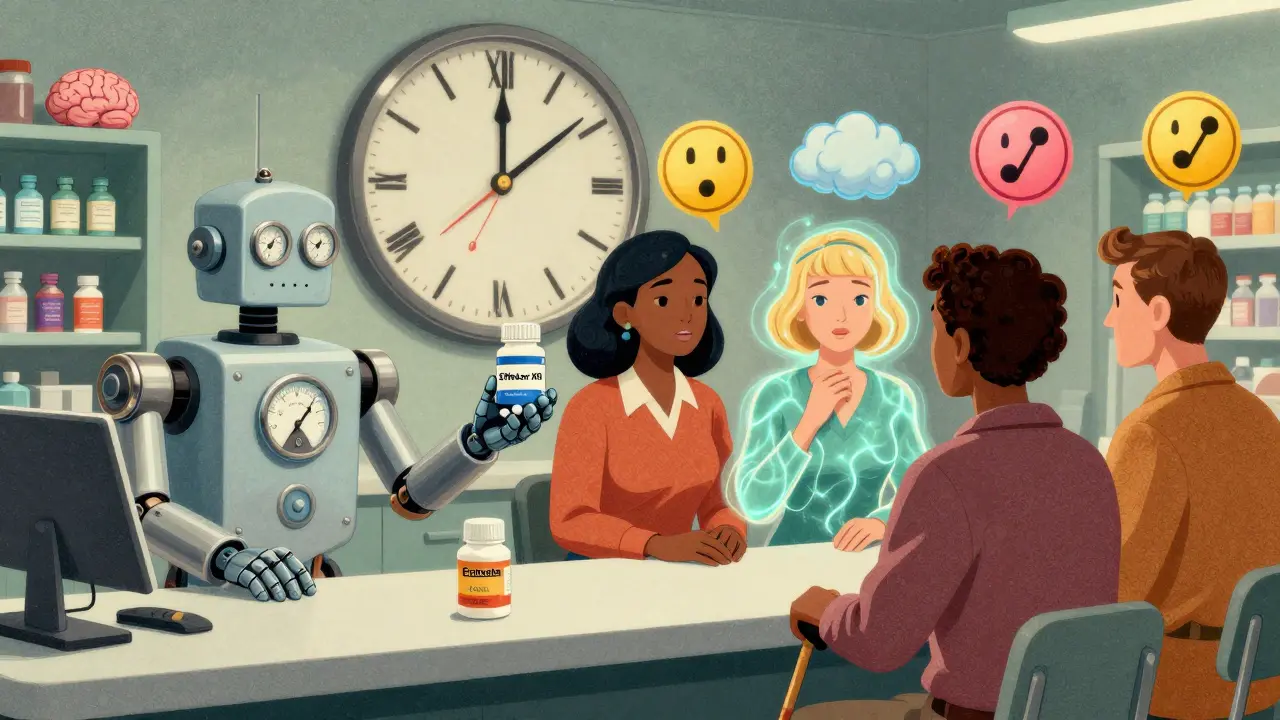 A robotic pharmacist hands SNRI pills to patients with chronic pain and energy aura in 1960s sci-fi pharmacy.