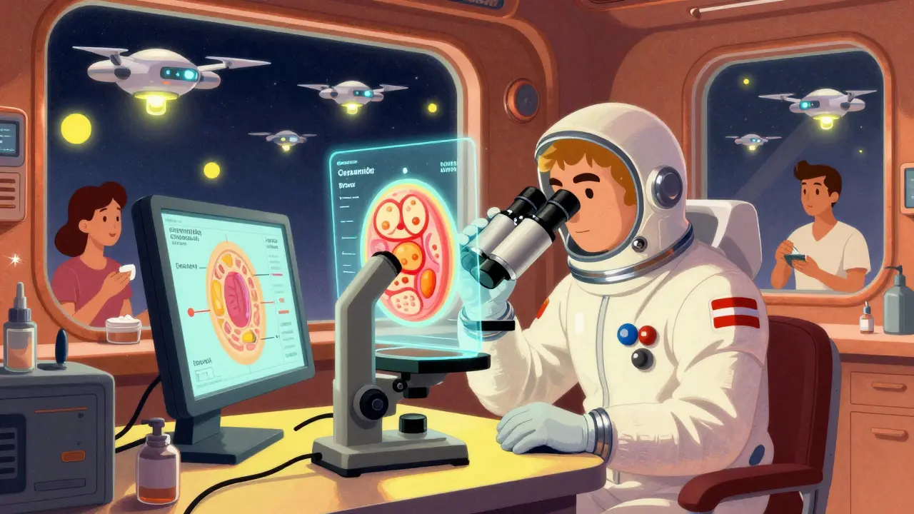 A scientist analyzing a holographic skin lipid map in a retro-futuristic lab with drones delivering barrier-repair cream.