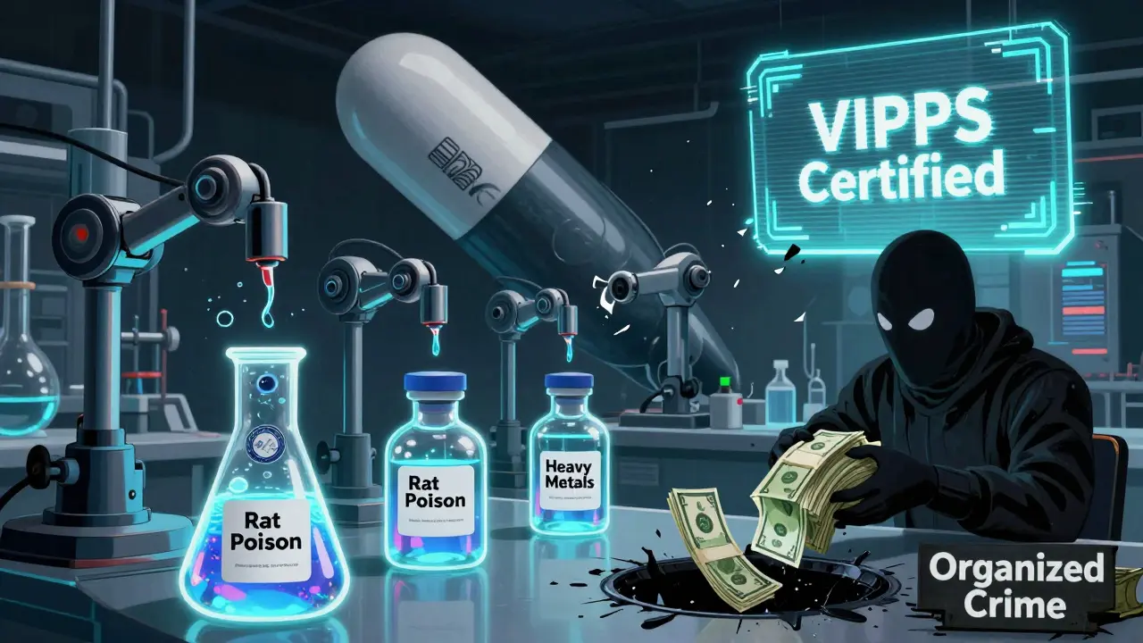 A sinister retro-futurist lab assembling counterfeit drugs with toxic substances and shattered fake certifications.