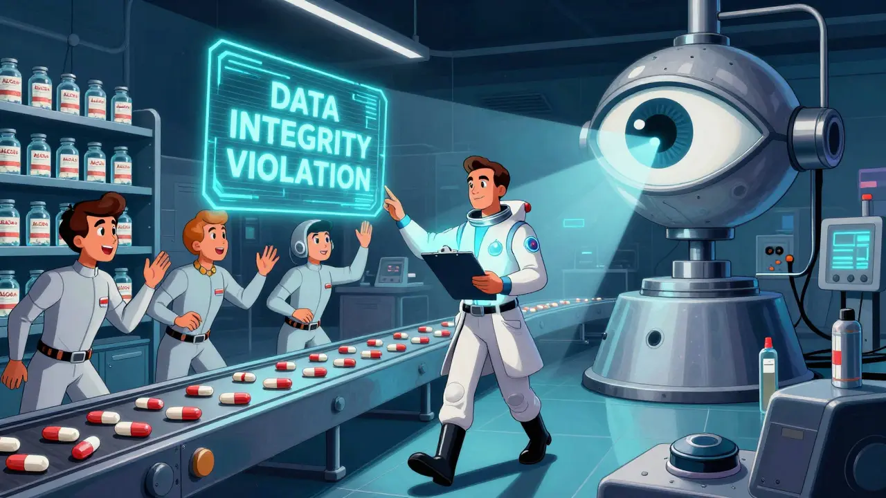 An FDA inspector in a space-age suit confronting a holographic data violation in a foreign drug plant.