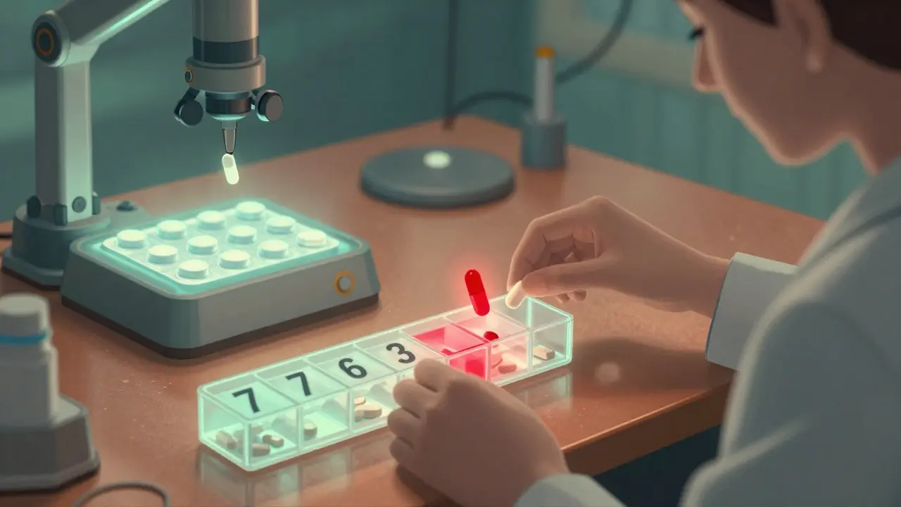 Caregiver filling a pill organizer as a dangerous duplicate pill hovers, while a safe blister pack glows nearby.